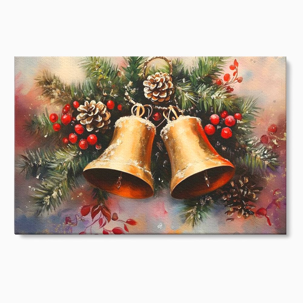 Tablou canvas cu tablou canvas cu clopotei aurii si conuri, fara rama, pe sasiu de lemn